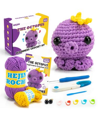 HEJIN Crochet Kit for Beginners, Beginner Crochet Kit for Adults Kids, Octopus Crochet Animal Kit Include Videos Tutorials, Yarn, Eyes, Stuffing, Crochet Hook- Boys and Girls Birthdays Gift