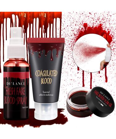 Halloween Fake Blood Makeup Kit - Edible Fake Blood Gel 1.06oz + Fake Blood Spray 1.76oz + Coagulated Blood 1.06oz Realistic Washable Special Effects SFX Makeup Set for Zombie Vampire Monster Cosplay