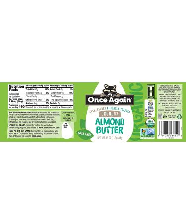 Once Again Organic Crunchy Almond Butter 16oz - Lightly Toasted - Salt Free - USDA Organic, Gluten Free, Vegan - Paleo Friendly - Glass Jar - Buy Online on SooperMarket.com