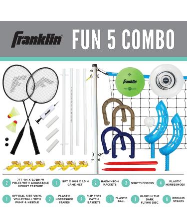 Franklin Sports Fun 5 Combo Outdoor Game Set - Backyard  Beach + Camping Games for Kids - Badminton  Volleyball  Flip Toss  Flying Disc - Horseshoes or Ring Toss Combo Set with Horseshoes - Buy Online on SooperMarket.com