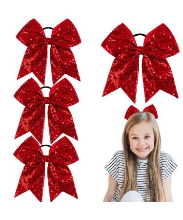 Whaline 8 Inch Cheer Bows Glitter Red Jumbo Cheerleading Bow Large Hair Bows with Elastic Ponytail Holder Bow Hair Tie Band Hair Accessories for School Girls Toddlers Women Outfit Uniform 4 Pack