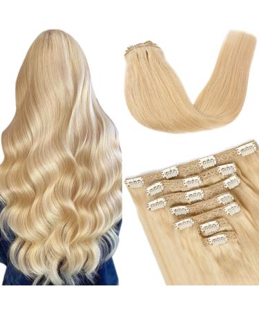 Vlasy Clip in Hair Extensions Human Hair Seamless Hair Extensions Clip in Real Human Hair 7 Pieces Straight Natural Thick Weft Human Hair Clip in Extensions for Women 613# 20 Inch(90 g) 20 Inch (90 g) 613# Light Golden Blonde