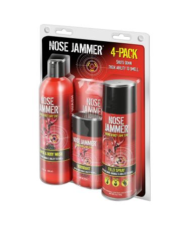 Nose Jammer Natural Hunting Scent Eliminator Deer Scent Blocker Best Value Combination 4-Pack Kit (Field Spray, Deodorant, Wipes, Shampoo/Body Wash)