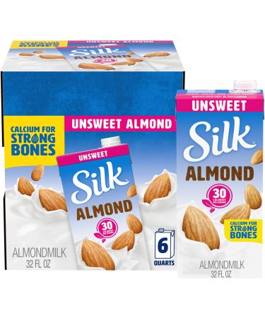 Silk Shelf-Stable Almond Milk, Unsweetened, Dairy-Free, Vegan, Non-GMO Project Verified, 1 Quart (Pack of 6)