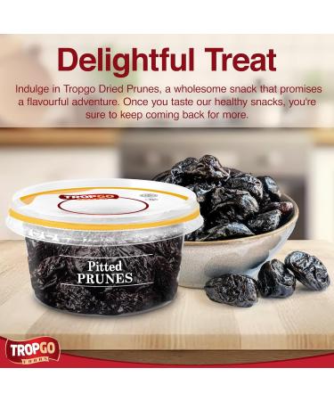 Tropgo Pitted Prunes 220g - Dried Fruit in Resealable and Recyclable Tub - Quick Energy Boost & Wholesome Trail Mix - Ready-to-Eat Dehydrated Fruit Snacks for Kids and Adults - Buy Online on SooperMarket.com