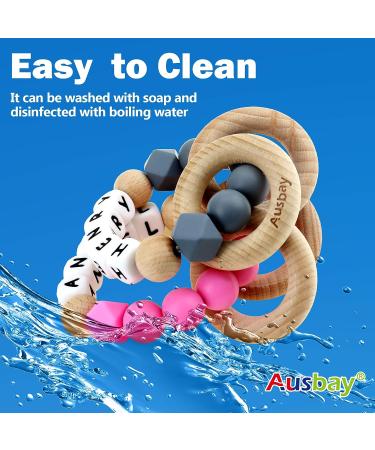 Personalized Name Baby Keepsake Rattle | Ausbay Customizable Teether Toy with Beech Wood Rings | Ideal for Girls Baby Shower (Black) - Buy Online on SooperMarket.com