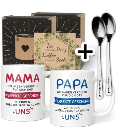 Gift set Mama Papa gifts with spoon - Mama Papa Gift Christmas - Mama Papa cup with saying - Mama papa spoon gift ideas (ceramic 330ml) Mama & Papa 2 Set Gift + spoon - red blue