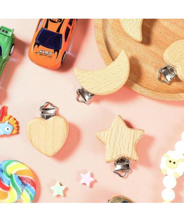 15-Piece Wood Pacifier Clips Set - DIY Beech Wooden Clip Holder for Teething Baby with Star, Heart, and Moon Designs - Buy Online on SooperMarket.com