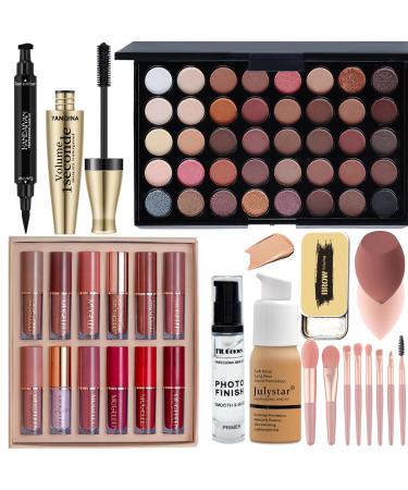 All in One Makeup Set Cosmetic Make up Gift Set for Women Beginners Includes Eyeshadow Palette Foundation & Face Primer Eyeliner Stamp lip gloss Set Eyebrow Soap Makeup Sponge brushes Set