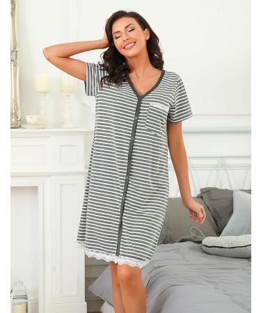 Uniexcosm Maternity Nursing Nightdress Short Sleeve Button Down Grey Stripe Sleepwear - Buy Online on SooperMarket.com