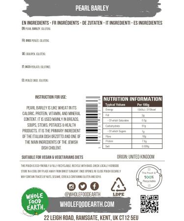 Wholefood Earth Pearl Barley 2 kg | GMO Free | High Fibre 2kg - Buy Online on SooperMarket.com