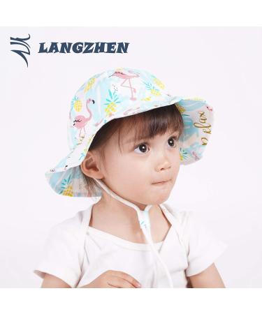 LANGZHEN Baby Girls Beach Sun Hat | Adjustable Wide Brim Toddler Hat with Chin Strap | Flamingo Print | 6-12 Months - Buy Online on SooperMarket.com