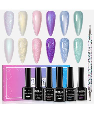 MIZHSE Glitter Gel Nail Polish Kit 6 Colors Pearl Gel Polish Shimmer Gel Nail Polish Set 7ml*6 with Nail Pen Soak Off UV LED Lamp BKJGLW226