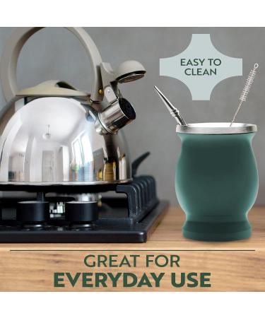 Yerba Mate Natural Gourd/Tea Cup Set Green (Original Traditional Mate Cup - 8 oz) | Includes Bombilla (Yerba Mate Straw) & Cleaning Brush | Green Stainless Steel | Double-Walled | Easy to Clean - Buy Online on SooperMarket.com