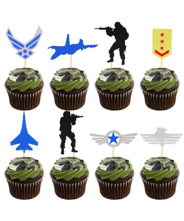 Arthsdite 24Pcs Military Cupcake Toppers Air Force Army Navy Fighter Plane Soldier Airplane Medal Cupcake Picks for Military Emblem Theme Wedding Birthday Party Cake Decorations Supplies