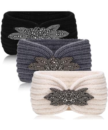 Winter Knitted Headband Ear Warmers for Women 3 Pieces Chunky Sequin Flower Knit Headband Warm Crocheted Hairband Head Wrap Earmuff