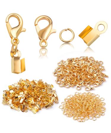 Hmjpng 500pcs Jewelry Making Accessories Set  100pcs Lobster Claw Clasps 200pcs Fold Over Cord End Caps Crimp End Tips and 200pcs Open Jump Ring Connector for Jewelry Making  Gold