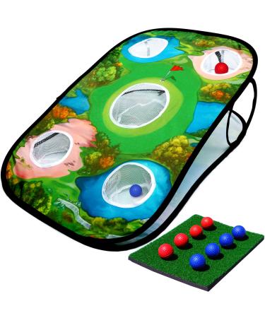 Golf Chipping Cornhole Game | Double Sided Pop Up Golfing Target, Chipping Mat, 8 Soft Practice Balls for Indoor & Outdoor Play