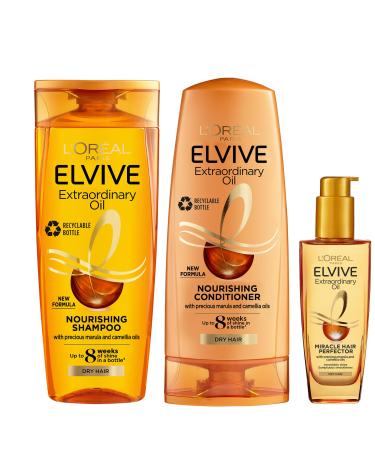 L'Or al Paris Elvive Extraordinary Oil Set for Dry Hair Deep Nourishing Routine Infused With Precious Marula And Camellia Oils Silicone Free Shampoo 400ml Conditioner 300ml Hair Oil 100ml