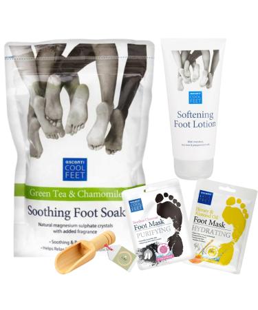 Foot Care Kit Bundle with Escenti Foot Soak for Home Spa Softening Foot Lotion & 2x Foot Mask Set with exclusive F&F Footcare Natural Wooden Scoop - To Relax and Refresh Tired Feet at Home