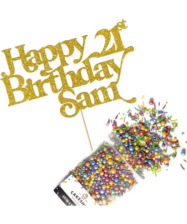 Cakeshop Cake Decoration Pack | Happy Birthday Premium Double Sided Glitter Card Cake Topper Sign & 25g Party Pack of Cake Sugar Sprinkles | Custom Name & Age Cake Decorations (Gold) Non-Prime Glitter Card: Gold