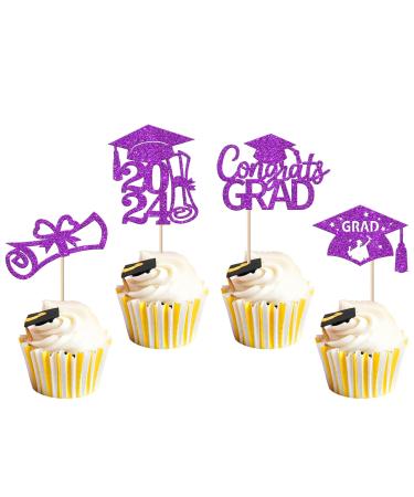 Rsstarxi 24 Pack 2024 Graduation Cupcake Toppers Glitter Congrats Grad 2024 Graduation Cap Diploma Cupcake Picks for Class of 2024 Graduation Theme Party Cake Decorations Purple