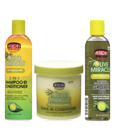 African Pride Olive Miracle Anti-Breakage TRIO SET | 2 in 1 Shampoo and Conditioner | Leave-In Conditioner | Maximum Strengthening Growth Oil