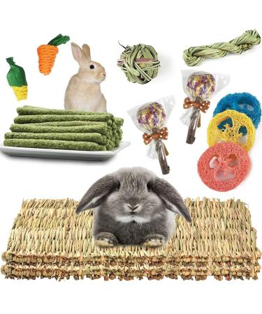 2 Pcs Grass Mat for Rabbit with Various Bunny Chew Toy Natural Woven Bed Mat Molar Teeth Grinding Toys for Guinea Pig Chinchilla Squirrel Hamster and Small Animal