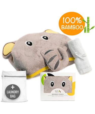 JM Organic Bamboo Hooded Baby Towel - Hypoallergenic & Absorbent - Perfect Baby Gift Set with Washcloth & Laundry Bag - Happy Elephant - Buy Online on SooperMarket.com