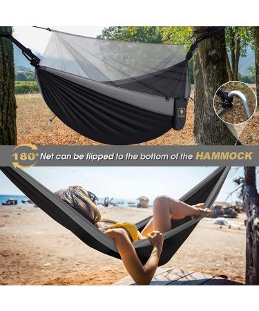 Portable Camping Hammock with Net | Lightweight Parachute Nylon Hammock for Backpacking, Beach, Patio | Includes Tree Straps and Carabiners | Black & Grey - Buy Online on SooperMarket.com