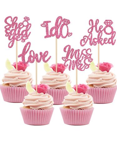 Rsstarxi 30 Pack He Asked She Said Yes Cupcake Toppers Glitter I Do Love Miss to Mrs Wedding Cupcake Picks Decorations for Bridal Shower Wedding Engagement Party Cake Decorations Pink I do Pink
