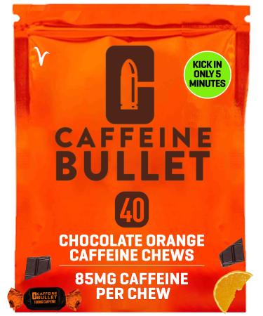 Caffeine Bullet Energy Chews - Chocolate Orange. 40 * 85mg Caffeine Sweets - Faster Kick Than Pills Gels and Gum. Sport Science for Running Cycling Gaming & A Pre Workout Endurance Boost. 1 Bag - 40 Energy Chews