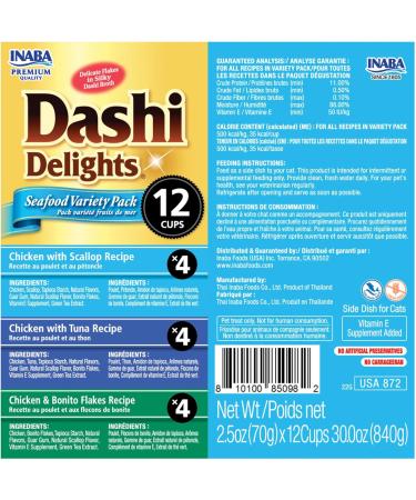 INABA Natural Premium Hand-Cut Grilled Chicken Fillet Cat Treats/Topper & Dashi Delights for Cats Shredded Chicken with Bonito Flake Broth 2.5 Ounce Cup 12 Cups Total Seafood Variety - Buy Online on SooperMarket.com