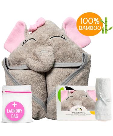 JM Organic Bamboo Hooded Baby Towel - Hypoallergenic, Absorbent - 35x35 - Perfect Baby Gift Set with Washcloth & Laundry Bag - Pink Elephant - Buy Online on SooperMarket.com