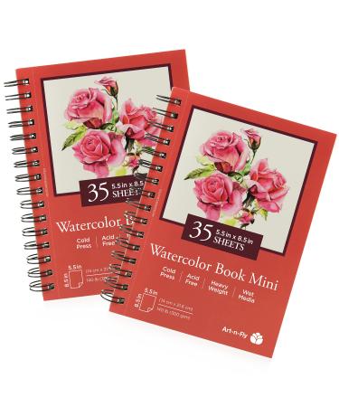 Art-n-Fly 5.5 x 8.5 in Watercolor Sketchpad Mini Book - 2 pack x 35 Sheets Each- Spiral Bound and Microperforated - 300gsm / 140lb 8.5x5.5