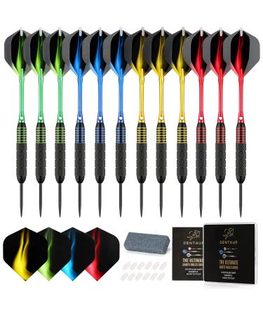 centaur 12 Pack Steel Tip Darts Professional 24 Grams Metal Dart Set with 4 Colors Premium Aluminum Shafts and PET Flights and Dart Case Flight Protector Dart Board Kit Accessories