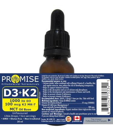 Promise Vitamin D3 + K2 in MCT oil 1364 drops Unflavoured Made in Canada (30ml - 341 servings) - Buy Online on SooperMarket.com