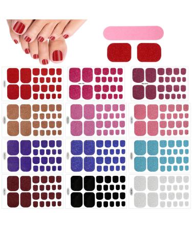 JSRQT 12 Sheets Toe Nail Polish Stickers Solid Colors Glitter Full Wraps Self Adhesive Toe Nail Tip Red Pink Purple Toenails Stickers with Nail File Toe Nails Polish Strips Stickers DIY Nail Decor Art