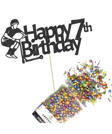 Cakeshop Cake Decoration Pack | Scooter Birthday Theme Premium Double Sided Glitter Card Cake Topper Sign & 25g Party Pack of Cake Sugar Sprinkles | Custom Age Cake Decorations (Black) Non-Prime Glitter Card: Black