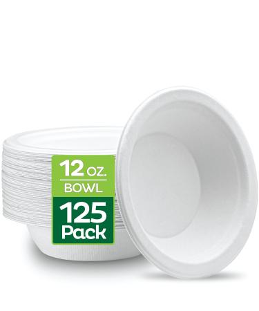 100% Compostable 12 oz Heavy-Duty 125-Pack Eco-Friendly Disposable White Bagasse Bowl, Made of Natural Sugarcane Fibers - 12 ounces Biodegradable Paper Bowls by Stack Man 12 oz. Bowls