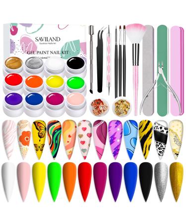 Saviland 25 Pcs Gel Paint Nail Kit - 12 Colors Gel Nail Polish Kit Summer Solid Nail Art Gel Polish with Nail Painting Brushes, Gel Nail Polish Tools, Nail Decorations for DIY Manicure Nail Salon 25 Piece Set