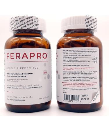 FERAPRO 150MG 100 CAPS | Vegan Iron Supplement | With Vitamin C 350mg Methylcobalamin 1000mcg 5-MTHF 80mcg and Glycine 100mg - Buy Online on SooperMarket.com