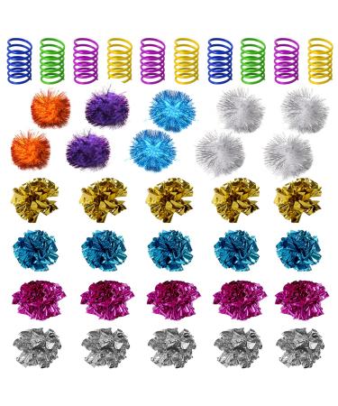WSYUB 40Pcs Crinkle Balls Cat Toy and Spring- 20Pcs Mylar Crinkle Ball Cat Toy, 10Pcs Sparkle Ball Tinsel Pom Poms Glitter, 10 Plastic Spring Cat Toy, Richful Cats Favorite Toy Set for Interacting
