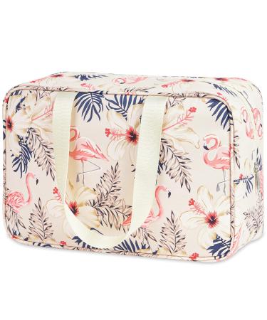 Full Size Toiletry Bag Large Cosmetic Bag Travel Makeup Bag Organizer for Women (Beige Flamingo)
