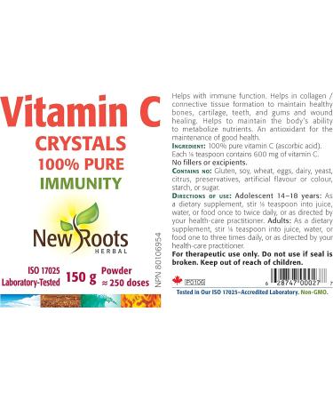 New Roots Herbal - Vitamin C Crystals 150g Powder - Helps in Collagen Formation to Maintain Healthy Bones Cartilage Teeth and Gums - Helps to Maintain and Support Immune Function 150 g (Pack of 1) - Buy Online on SooperMarket.com