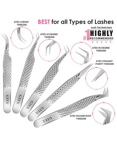 GTEX Lash Tweezers Set of 5 - Japanese Stainless Steel, Straight & Curved, 45 & 90 Volume Eyelash Extensions - Silver - Buy Online on SooperMarket.com
