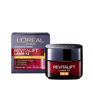 L'Or al Paris Revitalift Laser X3 Day Cream SPF 20 with Hyaluronic Acid Anti-Ageing Facial Cream Triple Anti-Ageing Effect Protects Against Ageing Signs Caused by UV Rays 50 ml Day cream with SPF 20
