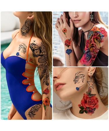 Yazhiji Large Flowers Skull Waterproof Temporary Tattoos - Realistic Tiger Wolf Bird Designs for Women, Girls, Kids & Adults - Buy Online on SooperMarket.com