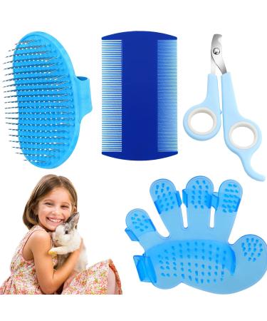 4 Pieces Rabbit Grooming Kit Includes Pet Shampoo Bath Brush, Double-Sided Pet Comb, Massage Brush and Nail Cutters for Rabbit, Hamster, Bunny and Guinea Pig Blue