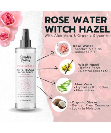 Rose Water Witch Hazel Facial Toner - Alcohol Free Hydrating Aloe Vera All Natural - 8 Fl Oz - Best for Radiant Skin - Buy Online on SooperMarket.com